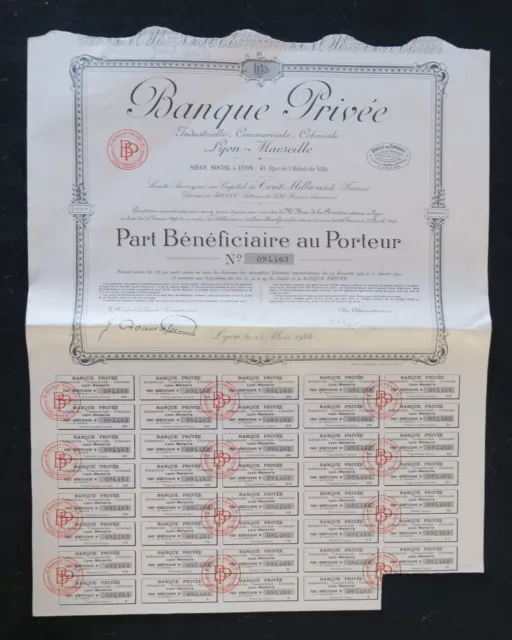 Action 1924 BANQUE PRIVEE LYON MARSEILLE  titre bond share 3