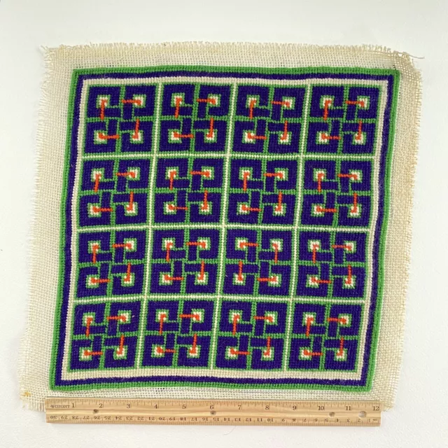 VINTAGE Needlepoint KNOT WORK GEOMETRIC Red Blue Green Wool On Canvas