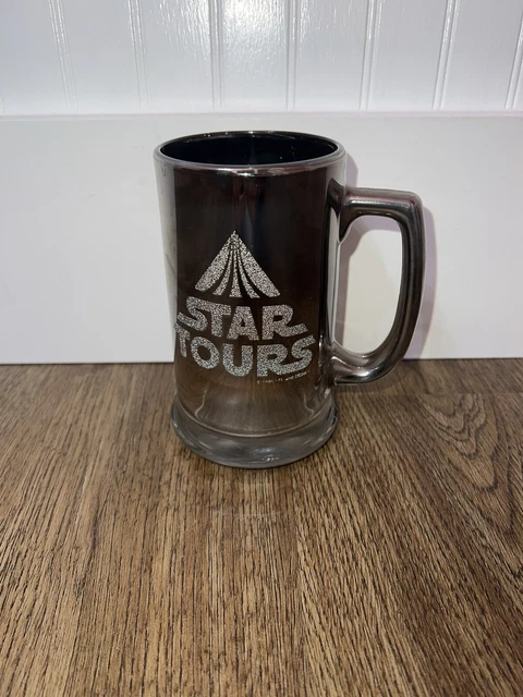 1986 USED Disney STAR TOURS Mirrored Beer Mug Glass Star Wars Lucas Film Limited