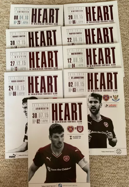 Hearts FC, 9 match programmes 2015-16, SPL and Scottish League Cup