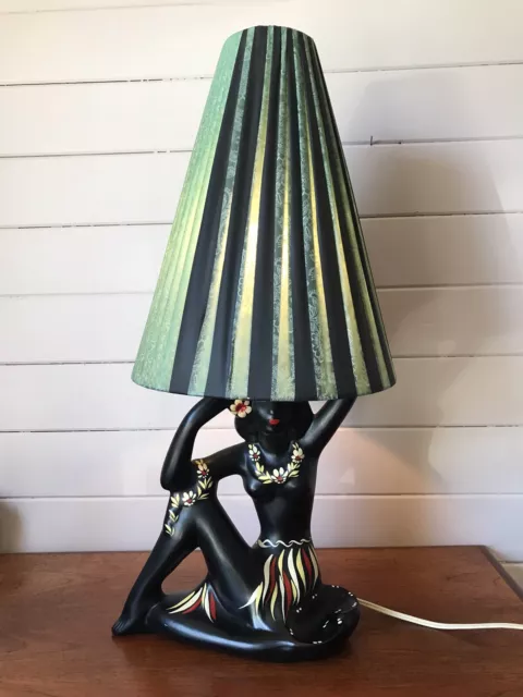 Vintage Barsony Pottery Hawaiian Lady Black Lady Lamp Original Shade FL-27