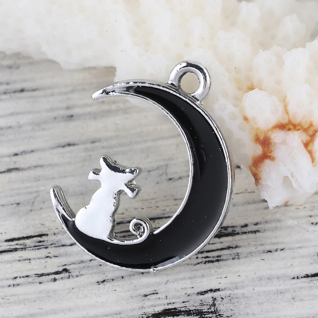 Anhänger 2 Stück Charms Mond mit Katze Emaille schwarz/silber C58