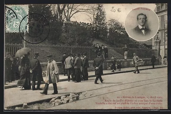 CPA Limoges, Grèves de Limoges, 1905, Angle du Jardin d´Orsay où a eu lieu la f