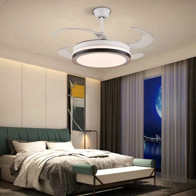 42" Modern Ceiling Fan Light LED Chandelier 3 Color with 4 Retractable Blades