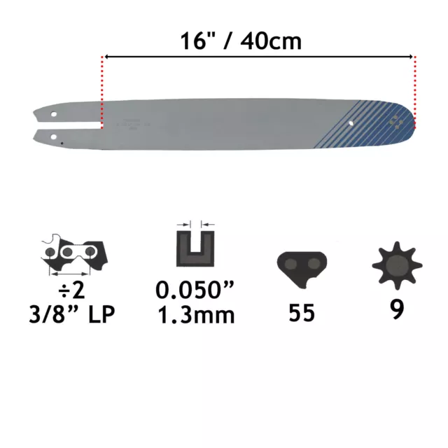 Chainsaw Bar and Chain for STIHL 16" 018 MS180 MS181 023 MS230 55 Links 3/8″ LP 2