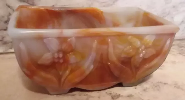 Vintage 1940'S Akro Agate Slag Glass Planter Amber Swirl Daffodil Flowers