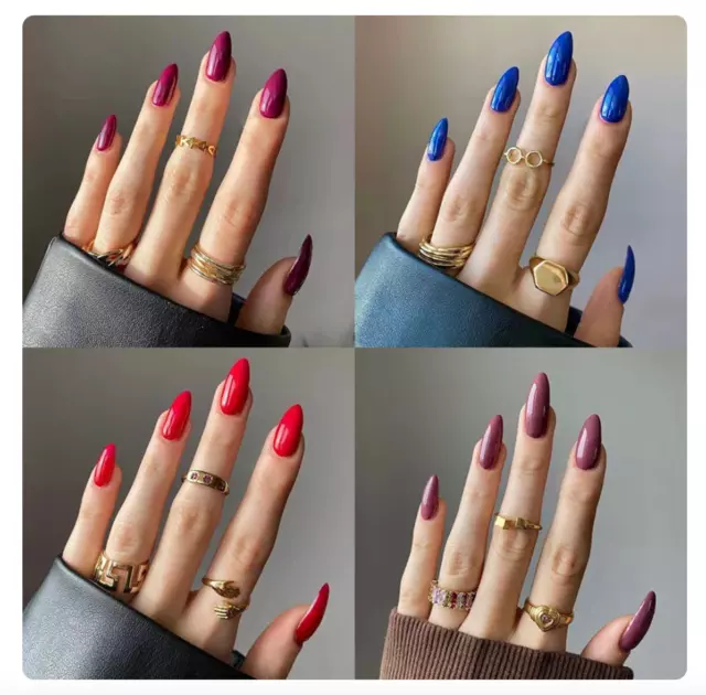 24 Full Colour Press On False Nails With Glue Reusable Mid Length Stiletto Tips