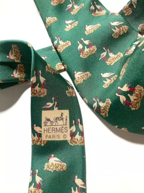 Hermes Vintage Stork Tie Visit Baby Happy Pregnancy Lucky High End France Green