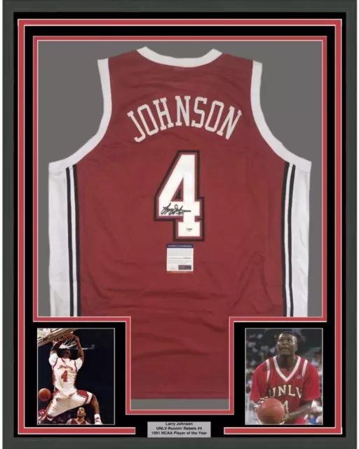 FRAMED Autographed/Signed LARRY JOHNSON 33x42 UNLV Red Jersey PSA/DNA COA Auto