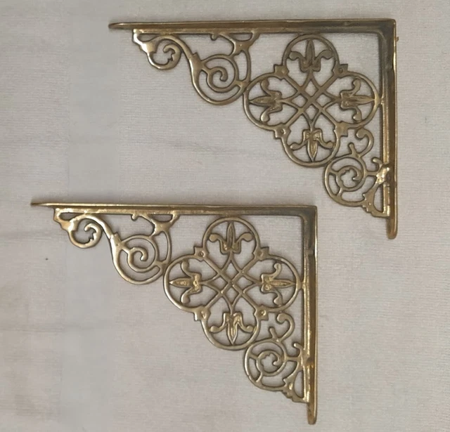 Vintage Pair Ornate Brass Wall Shelf Brackets 6'' x 7.34''