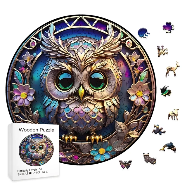 A3 Metallic Owl Bird Wooden Wood Jigsaw Puzzle Laser Cut Vivid Colors UV Printed