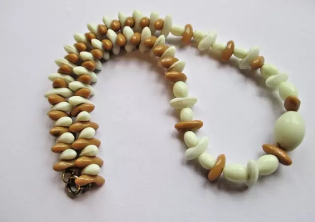 Vintage Czech Art Deco 1930s Uranium Cream and Brown Glass Puzzle Bead Necklace