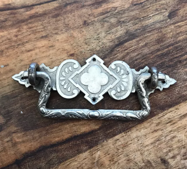 Victorian Indian East Lake Drawer Pull Nickel Ornate French Silver 4” Drop Down