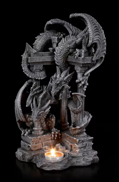 Dragon Teelichtlhalter - Two Dragon On Ruins Figurine - Fantasy Candle Holder