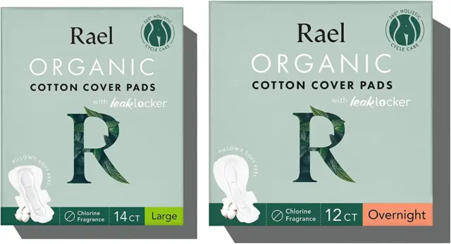 Almohadillas Rael para mujer, cubierta de algodón orgánico - gran absorción, noche a la mañana, paquete