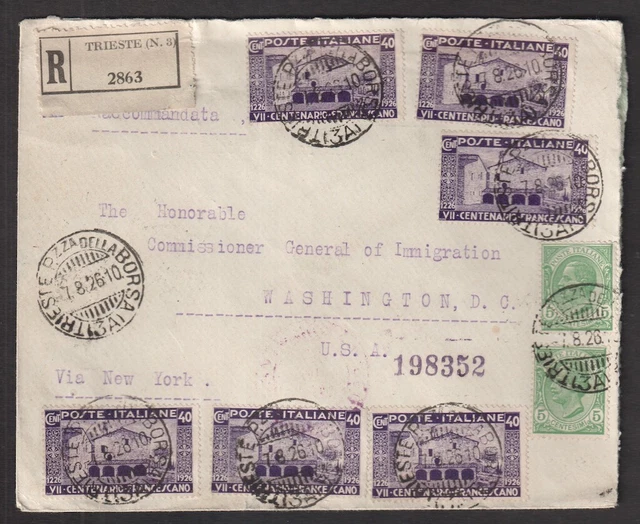 Italy 1926 Registered Cover Sc #176(6) & 94 TRIESTE to Washington DC