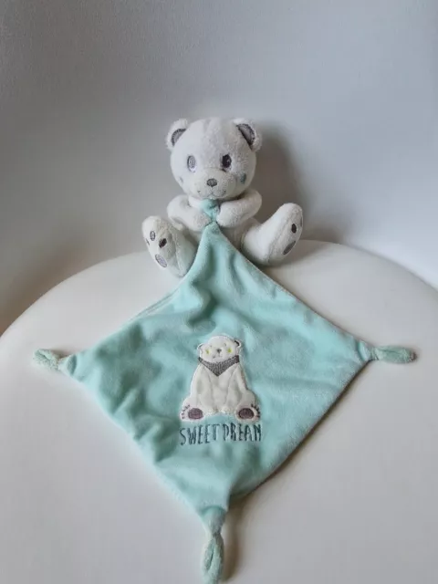 Y6. Doudou Peluche Simba Ours Mouchoir Sweet Dream Ours Polaire Bleu Blanc Gris