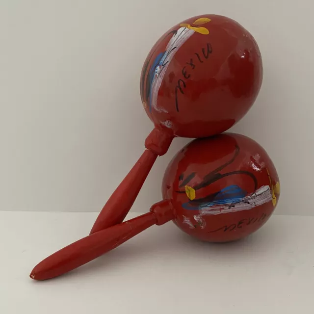 Maracas Red Hand Painted Mexican Gourd Shaker Mexico Vintage Souvenir