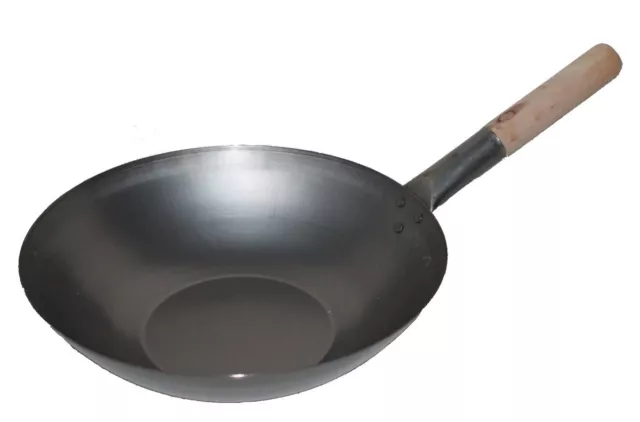 Wok Pfanne 30 cm Ø China Gastronomie flacher Boden Carbon Stahl Holzgriff Gas He