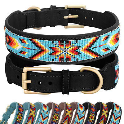 Genuine Leather Dog Collar Beaded Inlay Padded Heavy Duty for Medium Large Dogs