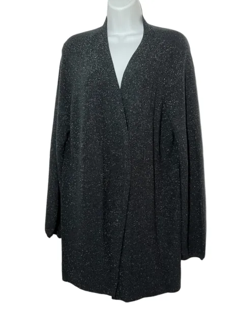 Eileen Fisher Sweater Women's Large Open Cardigan Charcoal Metallic Wool Knit