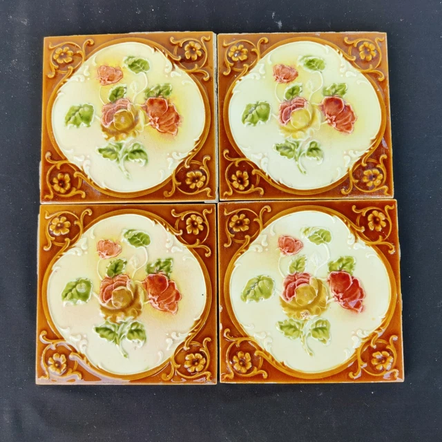 Vintage H&R Johnson Ltd Majolica Nouveau Architecture Furniture Tile 4Pc England 3
