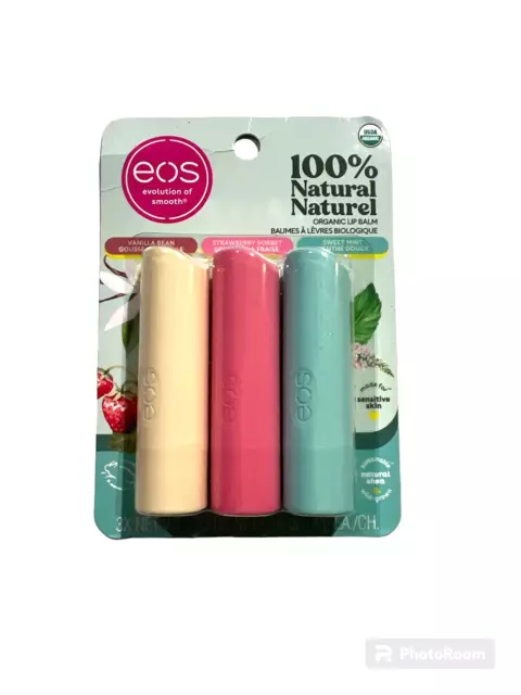 EOS 100% Natural Organic Lip Balm 3 Pack - Vanilla Bean, Strawberry, Sweet Mint