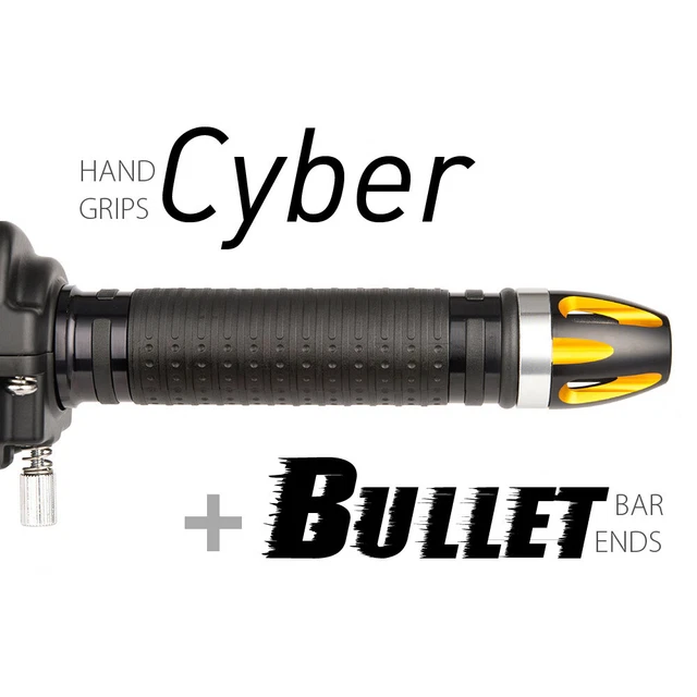 KiWAV Motorcycle Cyber Grips Black with Bullet Bar Ends Gold/Silver