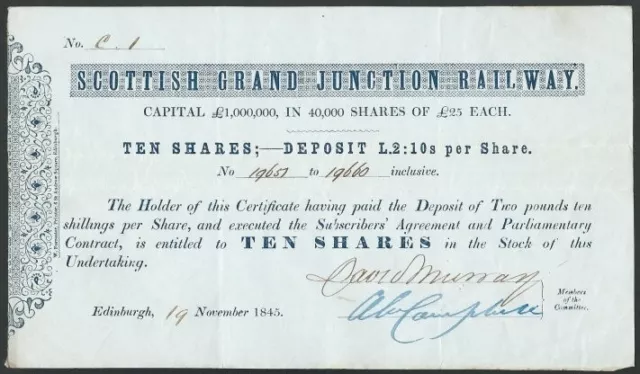 SCOTLAND 1845 Grand Junction Railway share certificate ....................60800