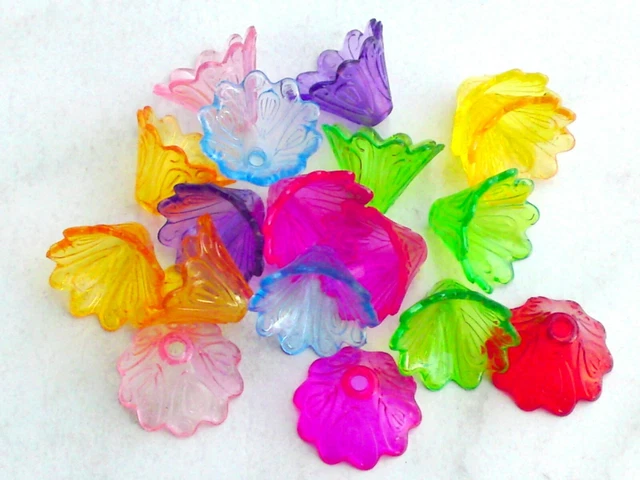 20-50 Acryl Kelche Perlen 10x15mm Blumen Kappen Transparent Bunt Mix Basteln