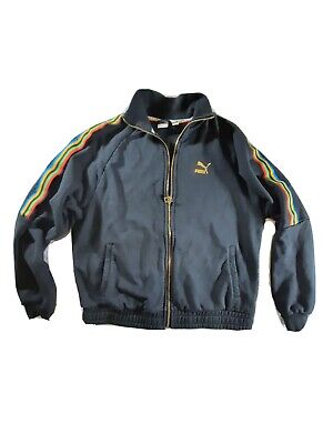 Puma Full Zip Black Jacket with Rainbow Stripes and Spellout Logo Size Medium