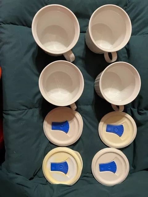 4 Corning Ware French White 20 oz Stoneware Soup Cup Meal Mugs & Vented Lids