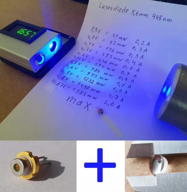 Laserdiode blau 445 nm 1.5 Watt + Glas Linse Laser Diode Modul 5,6 mm Gravur