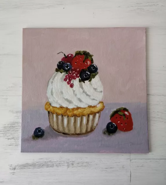 Original Oil Painting Cake Food Still Life Kitchen Wall Art Modern Decor 8x8"