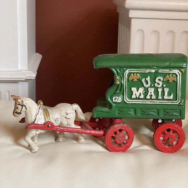 VINTAGE CAST IRON Horse Drawn Us Mail 128 Wagon With Driver & White