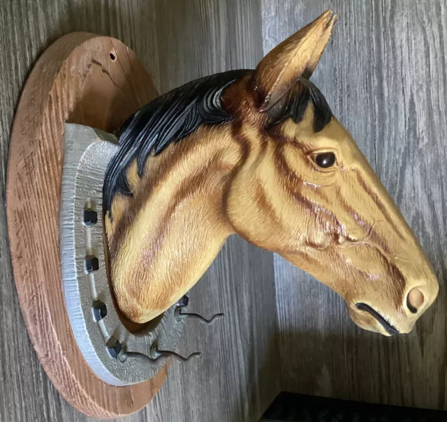 Vintage Faux Wood Composite Stallion Horse Head Bust Hat & Keys Wall Hook Holder