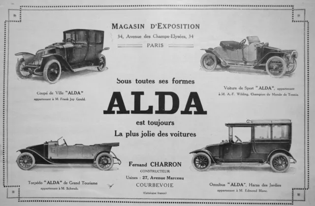 Publicité De Presse 1913 Voitures Alda Coupé De Ville Torpédo Omnibis - Charron
