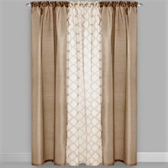 Window Drapes 3 Piece Curtain Set, 2 Faux Silk Panels & 1 Printed Voile/Sheer