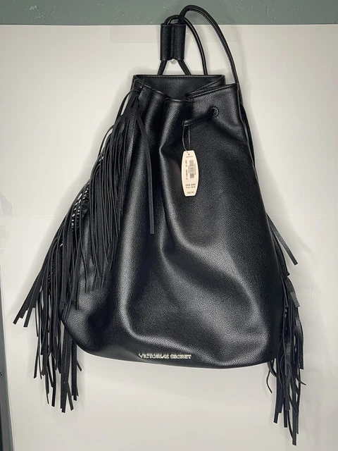 Victorias Secret Fringe  Faux Leather Backpack Tote Bag Black NEW