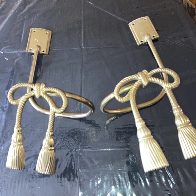 Vintage Hollywood Regency Brass Rope Tassel Bow Curtain Drape Tie Back Holders