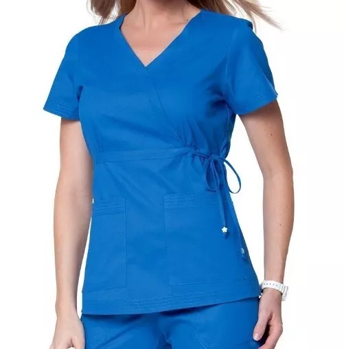 Koi Katelyn Scrub Top Womens M Short Sleeve Tie Waist Mock Wrap Royal Blue New