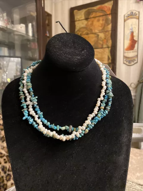 genuine and Turquoise and water pearl three strand necklace