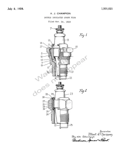 Automobile AC Spark Plug 1919 Albert Champion Patent Print - White