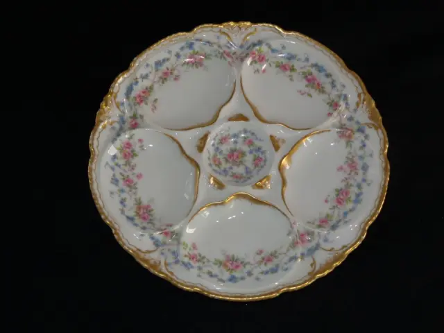 Antique Limoges French Porcelain Oyster Plate w/ Pink Roses & Forget-me-Nots
