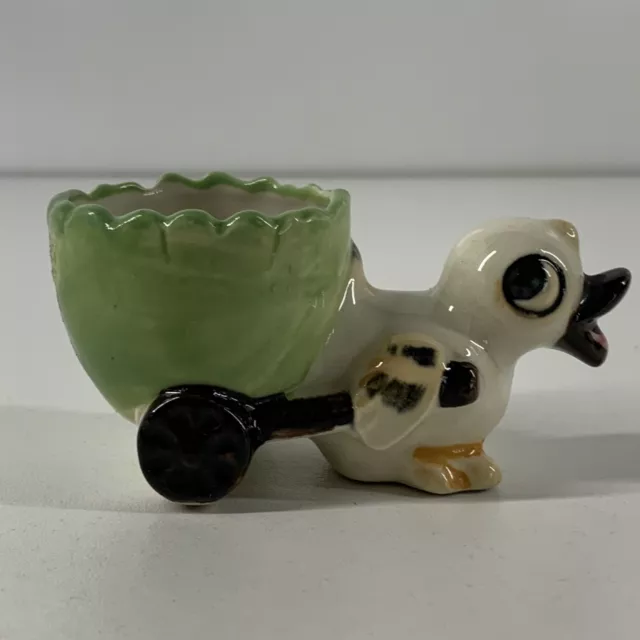 Vintage Porcelain Ceramic Egg Cup Anthropomorphic duck pulling wagon kitch Japan 2