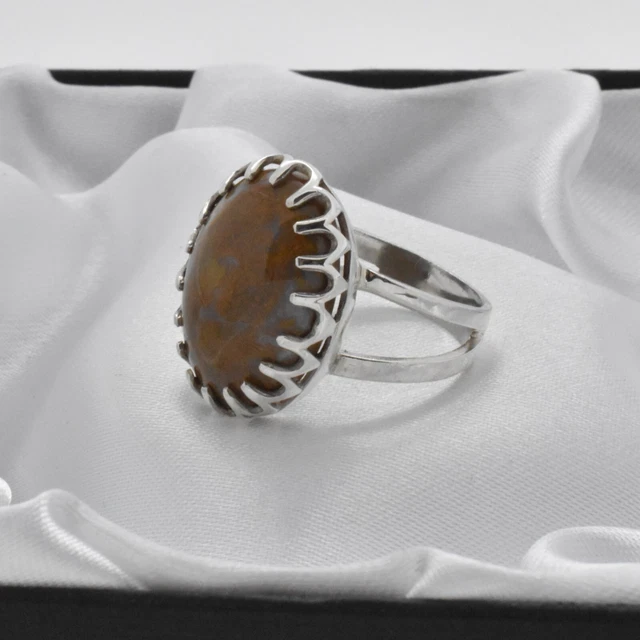 Vintage 925 Silver Large Oval Brown Stone Set Statement Ring ~ Size N