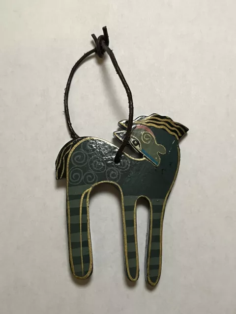 Laurel Burch Green Wooden Horse Wood Bag Charm Ornament Signed