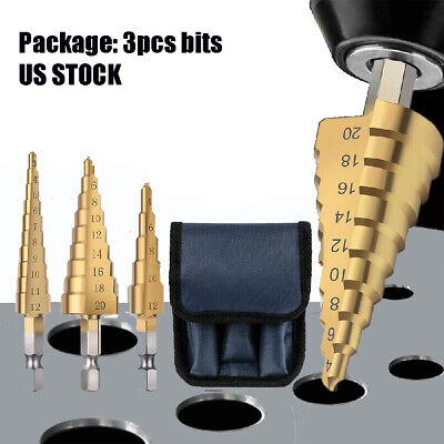 3Pcs Drill Bit Titanium Nitride Coated Set Steel Step Quick Change 1/4" Shank US