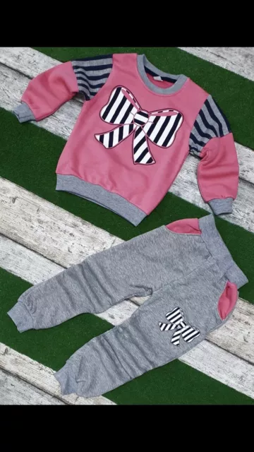 Tracksuit enfants bébés filles rose et gris nœud dessus + pantalon ensemble tenues vêtements