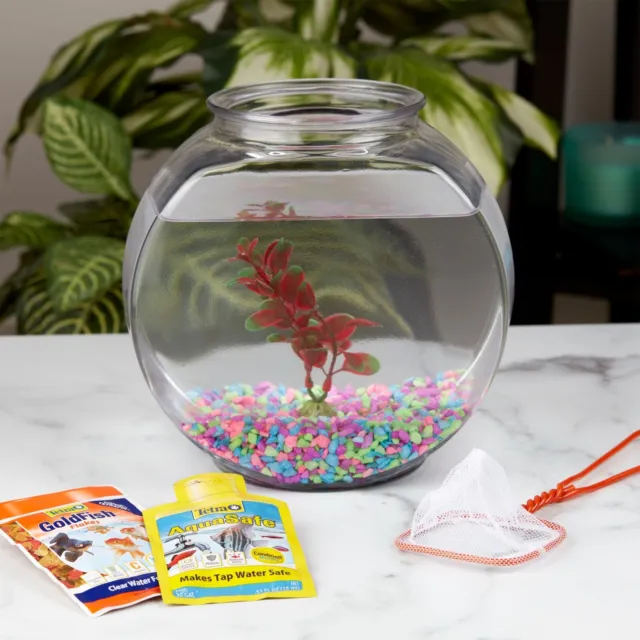 Small Fish Bowl Starter Kit Premium Aquarium 1 Gallon Round Tank Gift Decorative